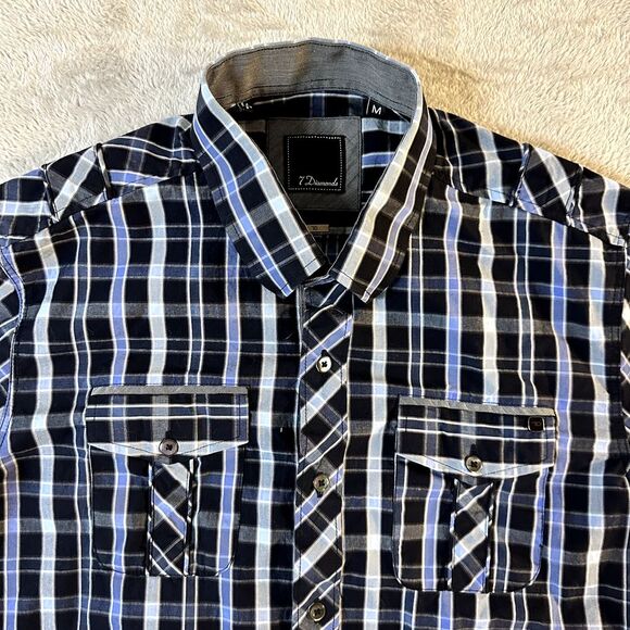 7 Diamonds Midnight Love Affair Button Down Navy Blue Plaid Men's Slim M Shirt - Picture 2 of 16
